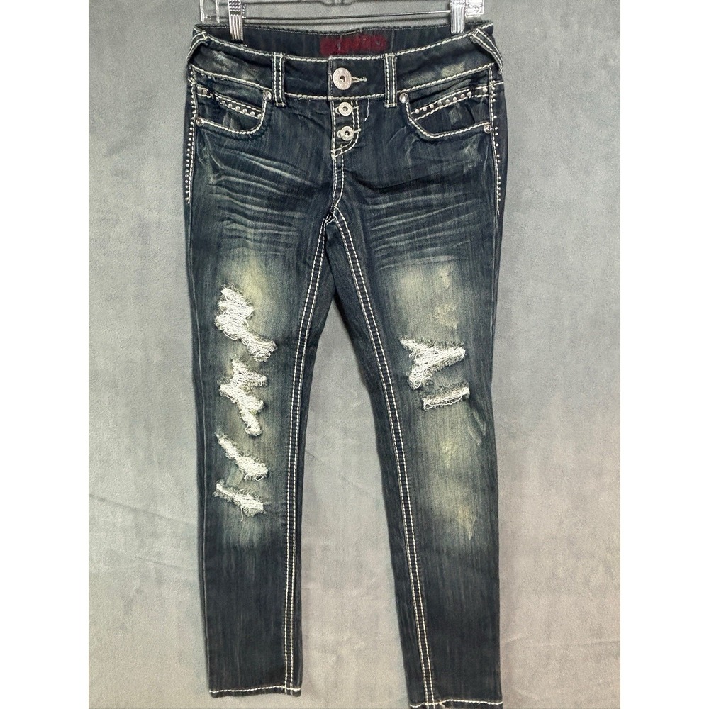 Vintage 90s Bongo Distressed Embellished Jeans Size 7 Women's Y2K Grunge Rock